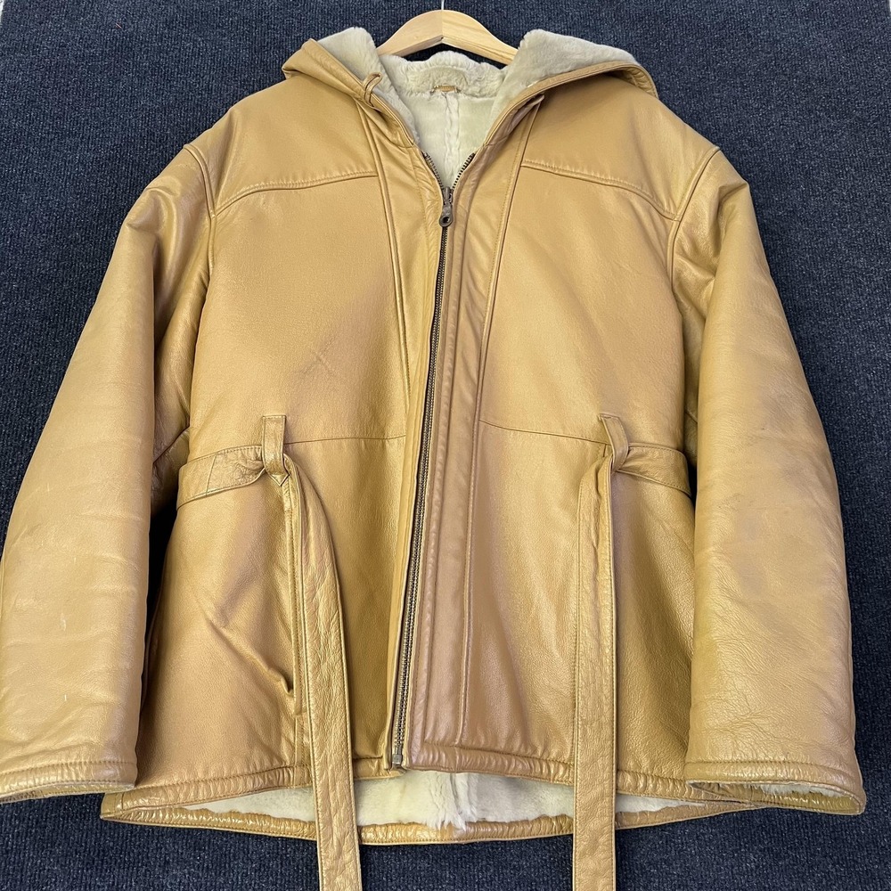 Wilsons Leather Coat Mens XL‎ Beige Faux Fur Lined Hooded Full Zip Belted Parka